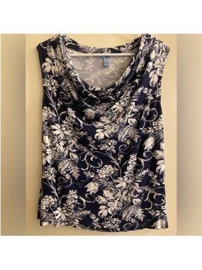 Cowl Neck Floral Top - Navy & White- sz Large